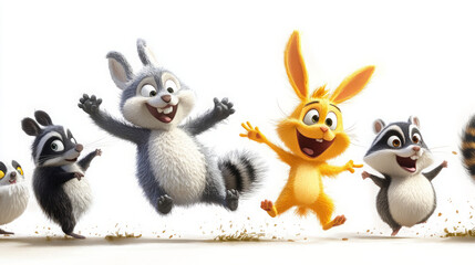 Fototapeta premium Animated Animals in Motion: A Colorful Collection of Cartoon Creatures