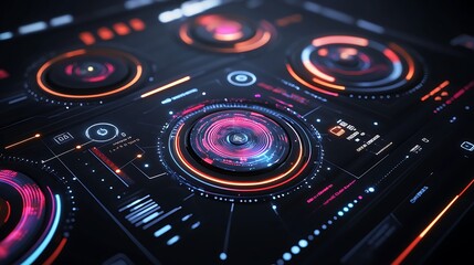 Obraz premium Close-Up Photo: Vivid Futuristic Interface Glowing Mysteriously in Dark Surroundings. AI Generated