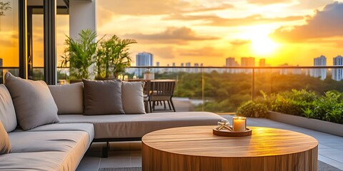 Fototapeta premium Chairs and tables on the balcony with background of city, cozy and calm environment of the house, evening time view