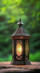 Ornate Lantern, Glowing Light, Garden Setting