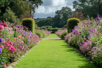 Obraz premium Elegant English country garden with colorful flower bed, green grass, shrubs, and path leading to trees. Formal landscape design with lush plants.