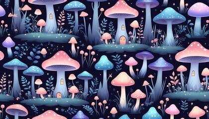 seamless pattern of glowing fairies, magical mushrooms, and enchanted forest elements in soft pastel gradients on a twilight background