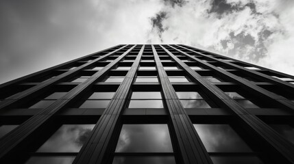 Fototapeta premium A striking black and white image of a tall building viewed from below, showcasing its linear architecture and dramatic sky.