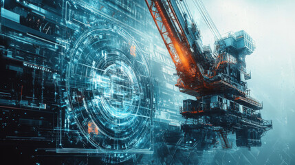 Hologram crane. Digital and technological background of crane. Futuristic design the crane