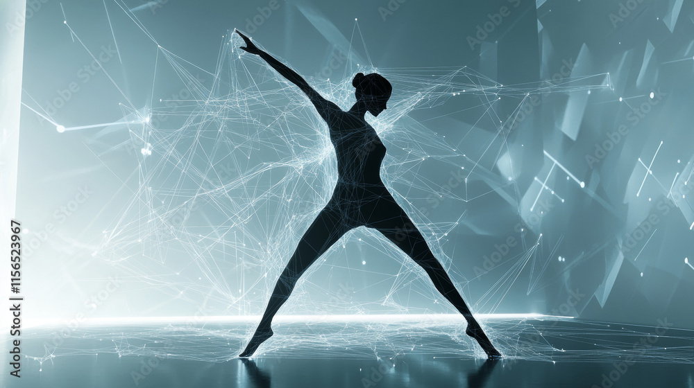 Wall mural hologram dance. dancer from polygons, triangles points and lines. dance lowpoly connection structure