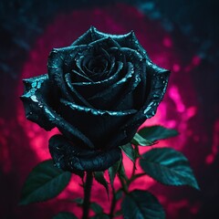 A black rose on a cracked, glowing neon background.