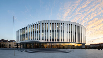 Obraz premium A modern architectural marvel, this circular building features striking lines and a reflective facade against a vibrant sky at sunset.