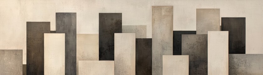 A modern abstract artwork featuring vertical blocks in varying shades of gray and beige, creating a dynamic cityscape effect.
