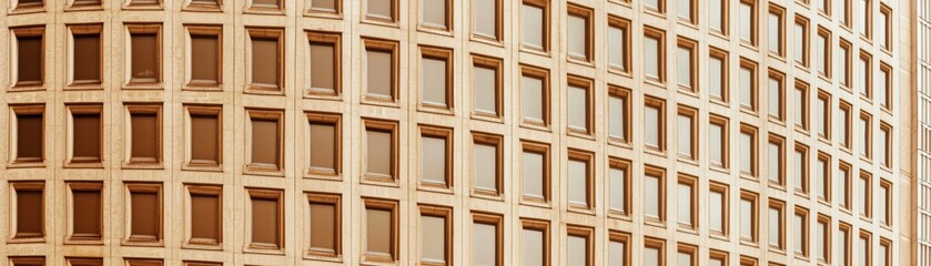 A modern building facade featuring a grid of square windows, showcasing a warm color palette and architectural symmetry.