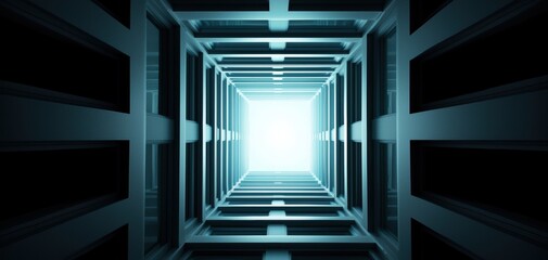 Obraz premium A mesmerizing view looking up a geometric structure, illuminated by a bright light at the top, creating a sense of depth and infinity.