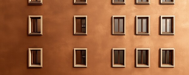 Fototapeta premium A minimalist facade featuring a series of windows arranged symmetrically on a warm-toned wall, creating a geometric and modern aesthetic.