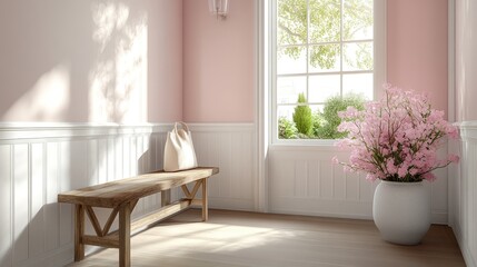 Fototapeta premium Sunlit Entryway with Wooden Bench Pink Walls and Flowers