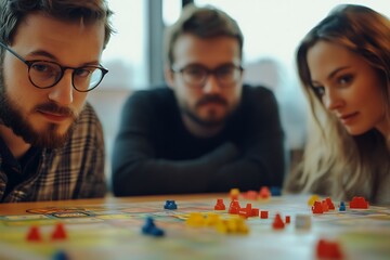 Fototapeta premium Business people sitting around a table focusing on strategy with game pieces on the table, social works and teamwork, think as a team