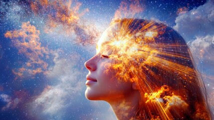 Obraz premium Serene Profile of Woman Surrounded by Cosmic Imagery and Colorful Explosion of Light Representing Creativity and Imagination in a Dreamlike Universe