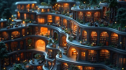 A Spiraling Library Building Illuminated At Night