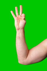 A close-up of a hand displaying a three-finger gesture against a bright green background