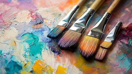 Obraz premium Close-up Photo: Vibrantly Colored Paintbrushes Resting on a Vividly Painted Palette. AI Generated