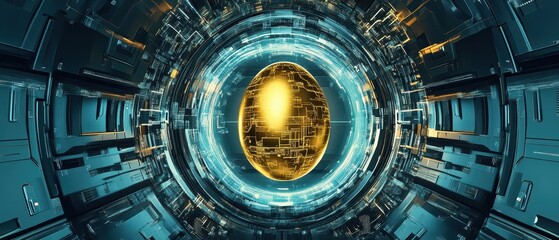 Fototapeta premium Golden Nest Reserve Concept. A futuristic, circular portal with a glowing center, surrounded by metallic structures and intricate patterns, suggesting advanced technology and exploration.