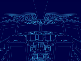 Blue image of an airplane cockpit. The cockpit is shown in a very detailed and realistic way, with the controls and instruments clearly visible. Concept of precision and professionalism