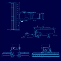 Blue drawing of a tractor with a cab and a cab. The tractor is shown from the front, back, and side