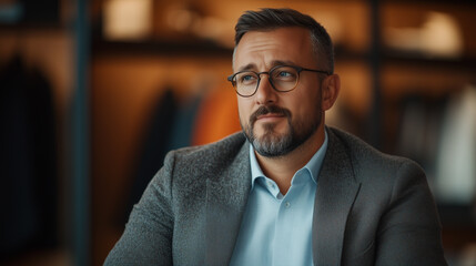 Obraz premium thoughtful man in stylish blazer, sitting in modern clothing store, exuding confidence and sophistication.