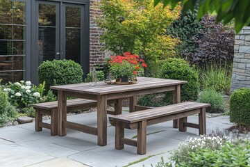 Obraz premium Briarwood solid wood outdoor dining table with two benches on the patio, high-detail product photo.