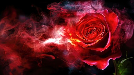 Naklejka premium Enchanted Red Rose Surrounded by Colorful Smoke Against a Dark Background for Artistic and Romantic Imagery in Stock Photography