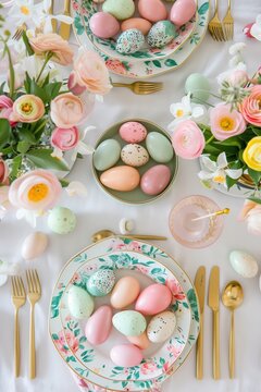 Colorful Easter brunch table setting with decorative eggs and fresh flowers in a springtime celebration