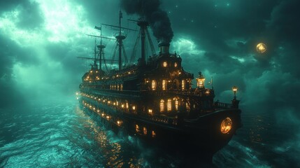 A majestic, illuminated ship sailing through a mystical, foggy ocean under dramatic clouds.
