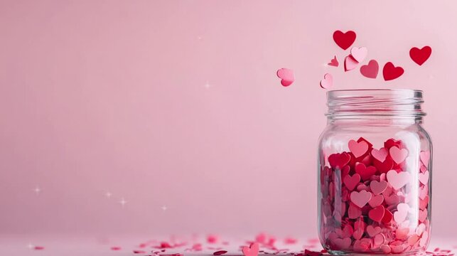 Paper pink heart in the jar with pink background copy space for text greeting video campaign for Valentine Day, Mothers' Day.