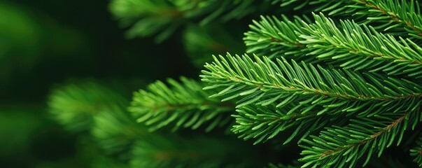 Fototapeta premium Foliage green concept. Close-up of vibrant green pine tree needles against a blurred background.
