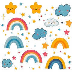 Obraz premium Illustration with cute handwritten clouds, stars and rainbows. cute sky wallpapers, backgrounds, cards, stickers 