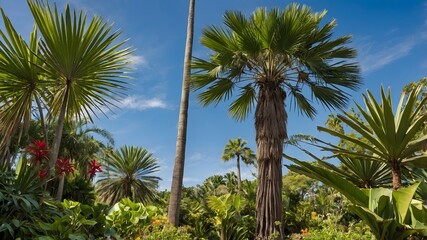 Lush Paradise: Trachycarpus Fortunei Palm Among Vibrant Tropical Flora