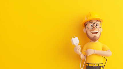 Cartoon handyman in a yellow shirt and hard hat, holding a plug, smiling confidently and ready to workPerfect for repair services, handyman promotions, electrician themes, banner web design flyer