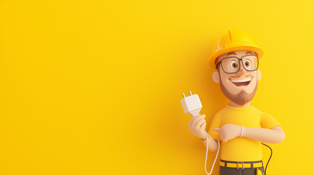 Cartoon handyman in a yellow shirt and hard hat, holding a plug, smiling confidently and ready to workPerfect for repair services, handyman promotions, electrician themes, banner web design flyer