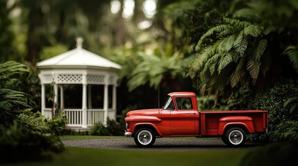 Fototapeta premium Gazebo truck idea. A vibrant red vintage truck parked near a charming gazebo in a lush green setting.