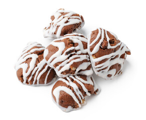 Delicious chocolate cookies with white icing arranged on a clean background for a tempting dessert display