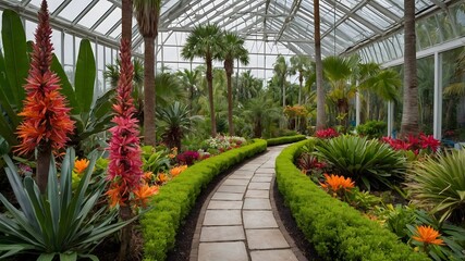 Lush Garden Path: Trachycarpus Fortunei Palms Framing a Vibrant Floral Gateway