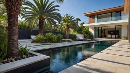 Fototapeta premium Sleek Serenity: Minimalist Garden with Trachycarpus Fortunei Palms and Poolside Calm