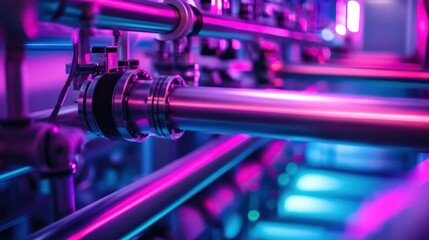 Naklejka premium High-tech futuristic pipe factory, sleek metallic finishes, neon lighting, advanced robotic systems in motion 