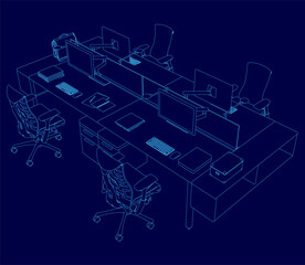 Blue drawing of a desk with four chairs and a keyboard. The chairs are blue and the desk is rectangular