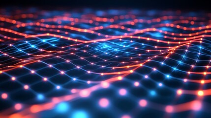 Dynamic Abstract 3D Render: Glowing Network Waves in Vibrant Red and Blue. AI Generated