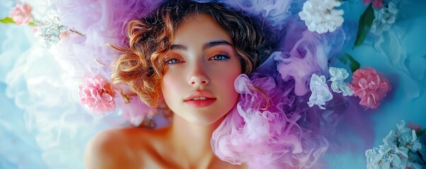 Naklejka premium Ethereal Beauty Portrait of Young Woman with Curly Hair Surrounded by Colorful Flowers and Soft Clouds in Dreamy Pastel Tones