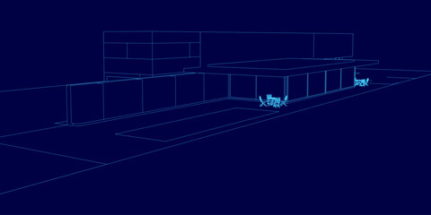 Blue image of a city street with a few cars and a truck. The street is empty and the sky is clear