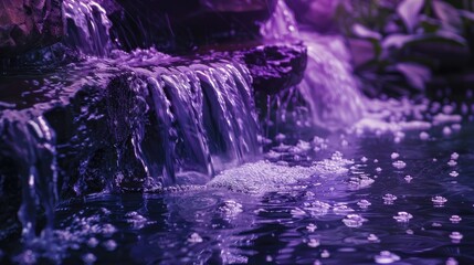 A serene waterfall cascading into a tranquil pool, illuminated with purple hues.