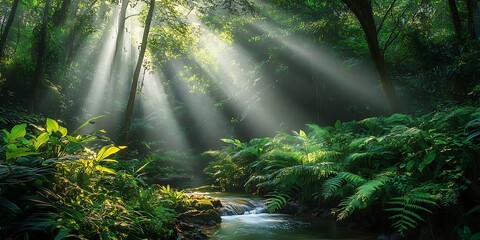 Obraz premium Jungle landscape natural view sunlight in green forest, landscape painting fresh air and a river floating