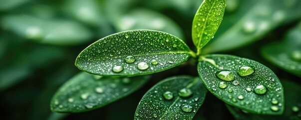 Foliage green concept. Close-up of vivid green leaves glistening with fresh water droplets after rain.