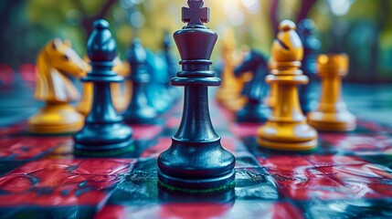 A close-up view of a chess game in progress at a park during a sunny afternoon, highlighting the intricate pieces on a colorful board