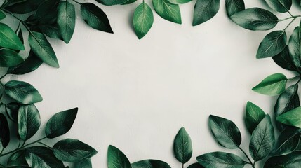 Foliage abstract background idea. A beautiful arrangement of green leaves creating a natural frame on a light background.