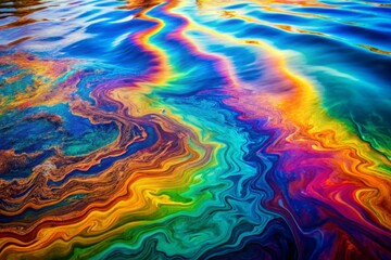 A colorful, swirling body of water with a rainbow-colored oil slick on top